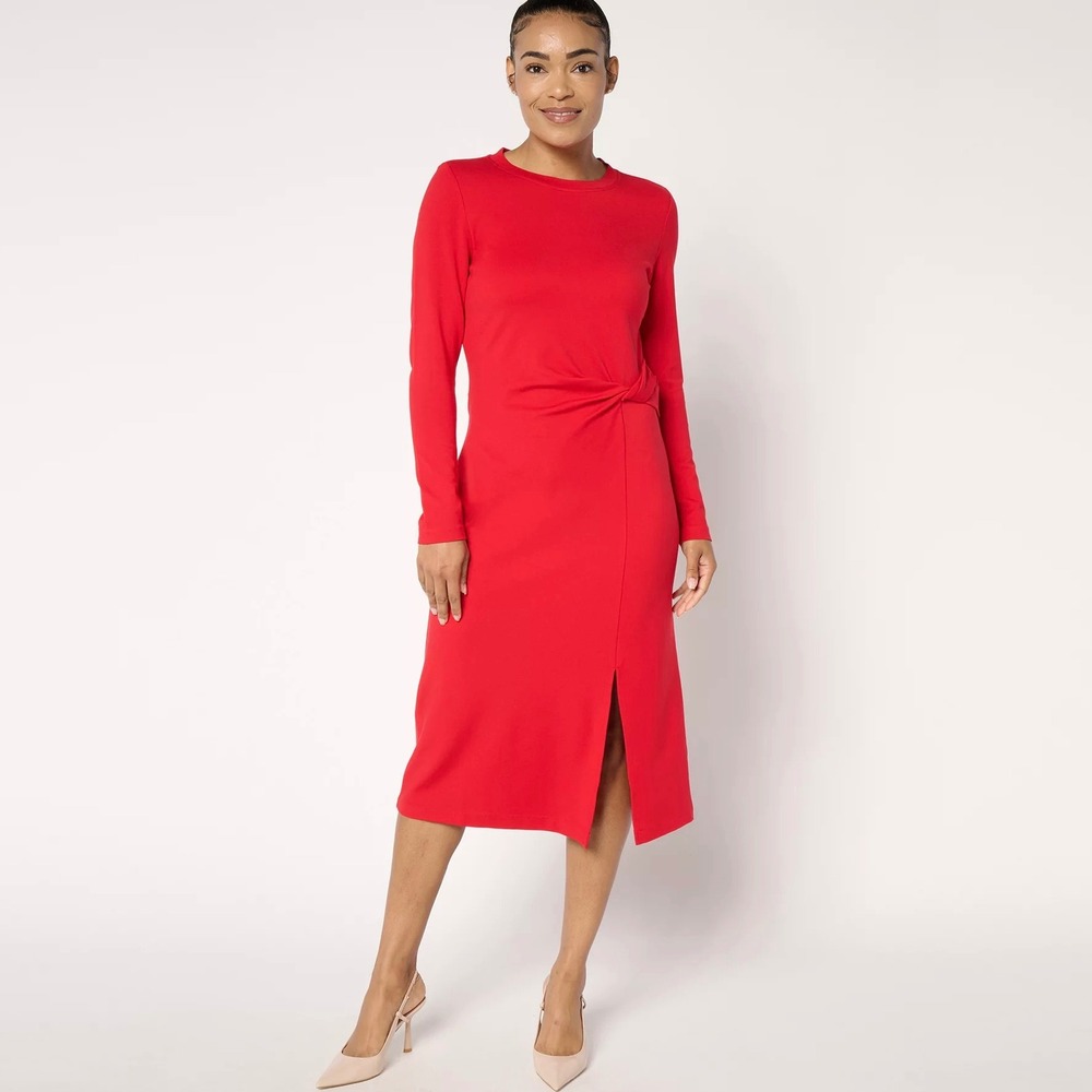 Isaac Mizrahi Live Drapey Sublime Stretch Ponte Midi Dress Sz 2X Red Twist Front